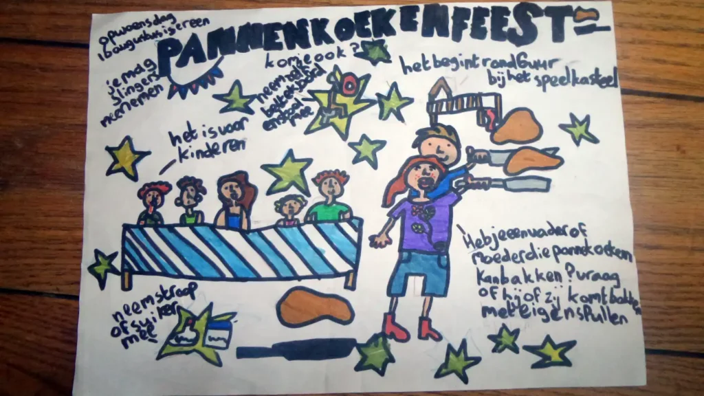 kindertekening om het pannenkoekenfeest aan te kondigen